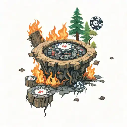 Poker Chips Scattered Disc Golf Basket Tree Stump Forest Fire