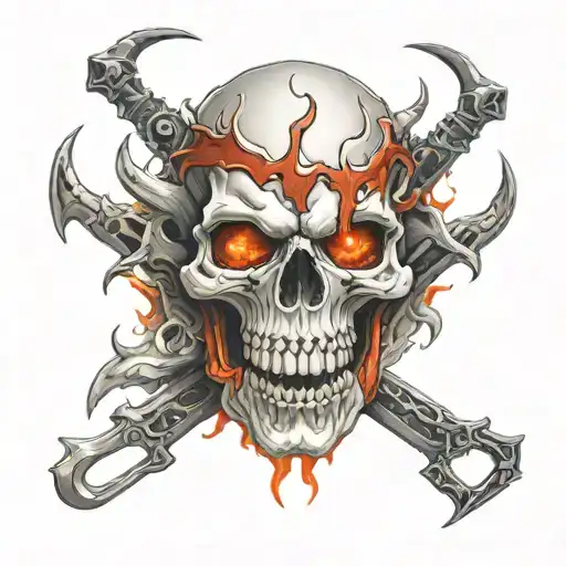 Fiery-eyed Demon Skull With Crossed Army Sabers Behind