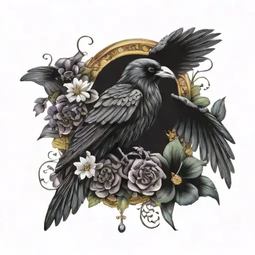 A Mystical Raven Surrounded By A Variety Of Enchanting Flowers Intertwined With Delicate Jewelry