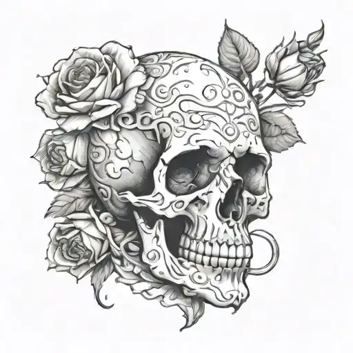 Skull With Full Rose On Neck