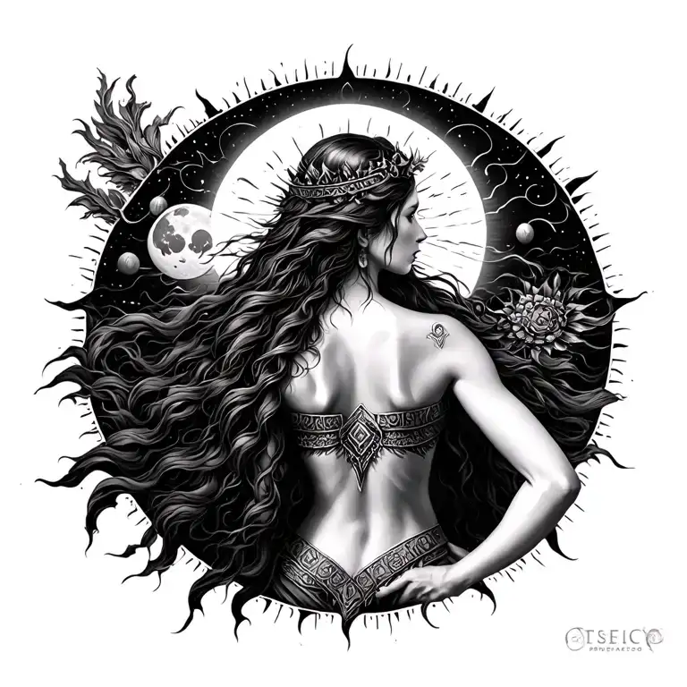 Warrior Goddess Surrounded With Sun And Moon Covering A Womens Back In Black And White