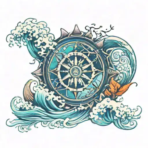Dharma Wheel With Ocean Wave Merging