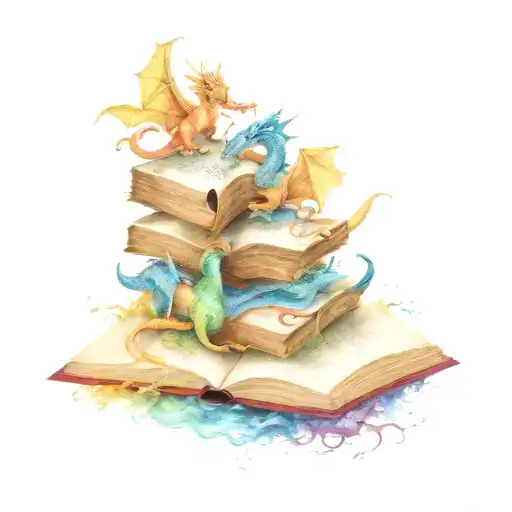 Open Book With Dragons And Faries Coming Out