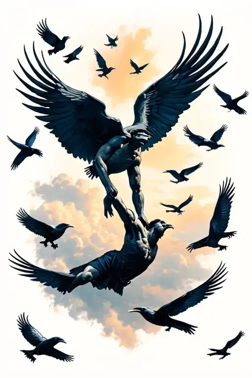 Icarus Falling From The Sky While Black Ravens Encircling Him While Falling