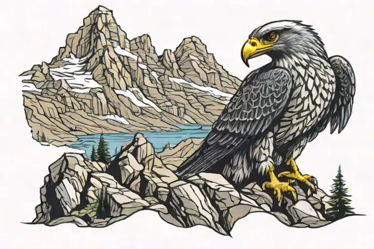 Mountains With Falcon Perched On Rocks