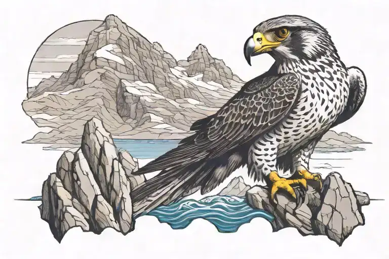 Mountains With Periguine Falcon Perched On Rocks Surrounded