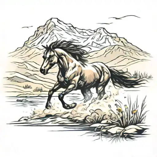 Wild Stallion Running Through A Field With A River And Mountains In The Background