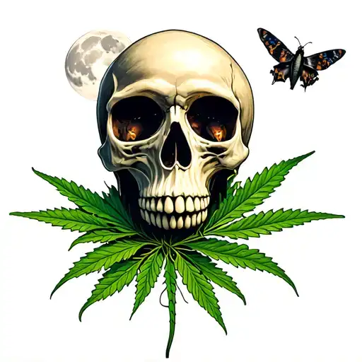 Skull With A Cannabis Plant Growing Out Of It With A Moth With Skull It Flying Under Moonlight