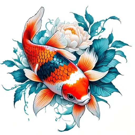 Art Nouveau Style Koi Fish With A Midnight Background With Peonies