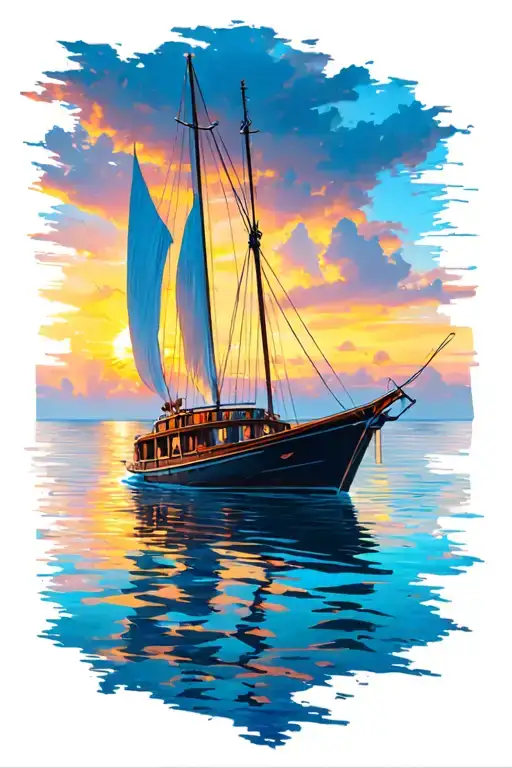 Polinesian Ocean Catamaran Boat In The Sunset Scene