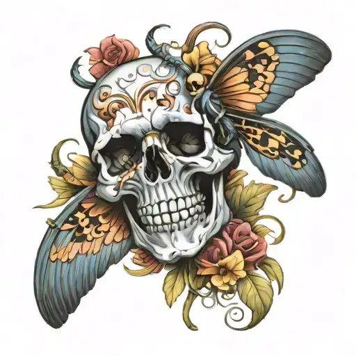 Cartoon Skull With Insect Wings Flying Over A Country Landscape