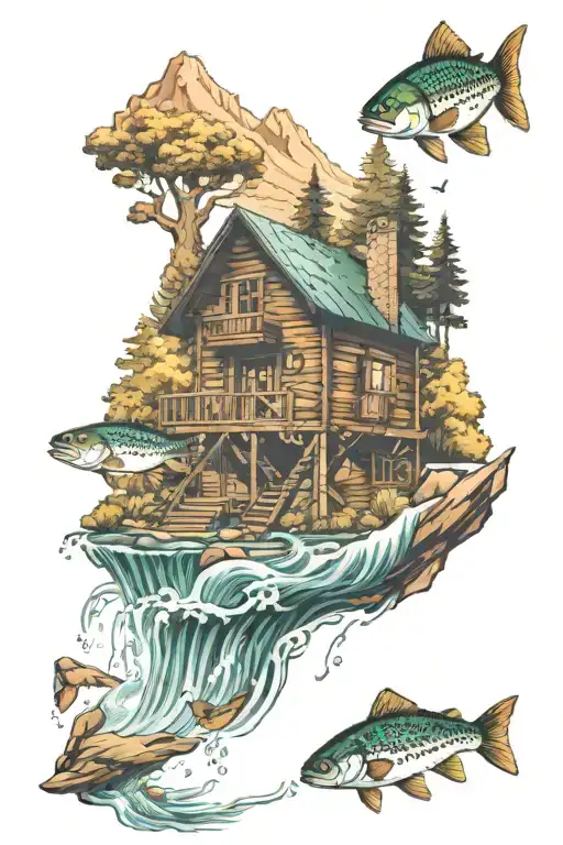Cabin Beside A Raging River In A Forest Below A Mountain And A Fish Jumping Out Of The Water