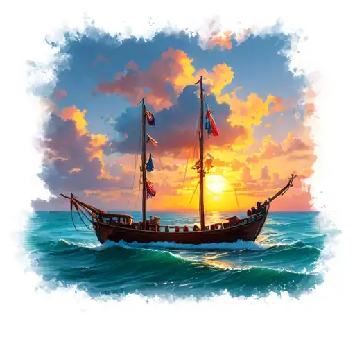 Polinesian Ocean Boat In The Sunset Scene