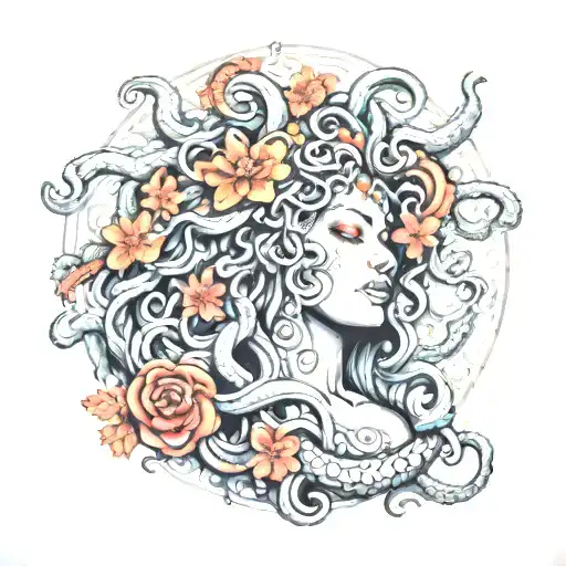 A Mystical Medusa With Hawaiian Style Mind Relaxing Surrounded By Ethnic Patterns