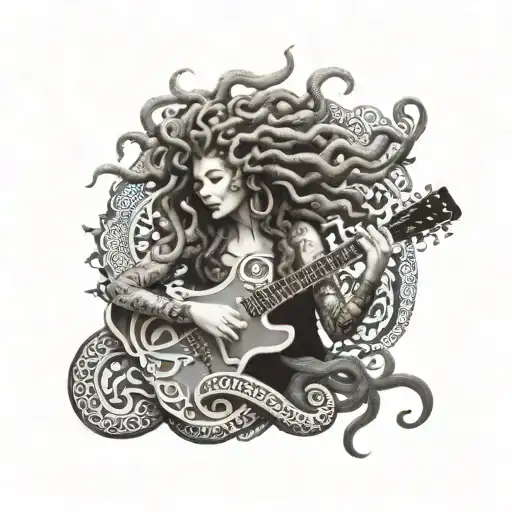 A Mystical Medusa Playing A Guitar Surrounded By Ethnic Patterns