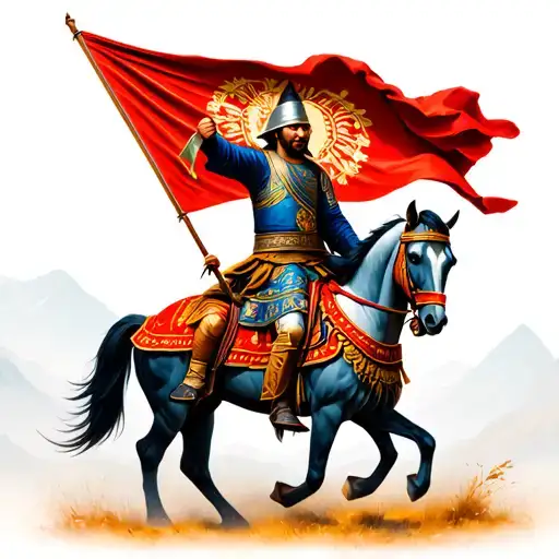 Mongol Warrior On Horse Holding Flag With Cool Background