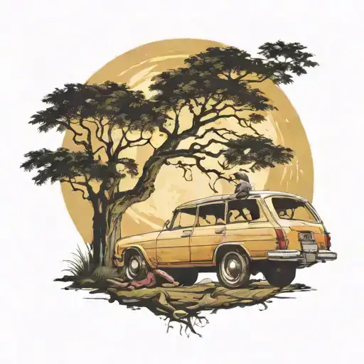 Men Under Ful Moon Near Tree With Car