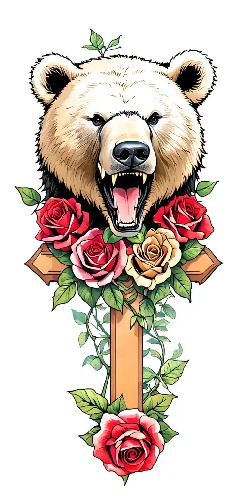 Growling Bear Head With Roses Intertwined Cross Made