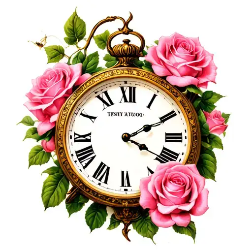 Pink Roses And A Clock