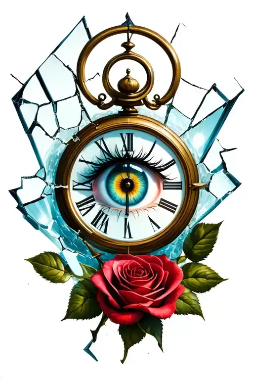 Eye Inside A Clock With A Broken Glass And A Rose On The Bottom