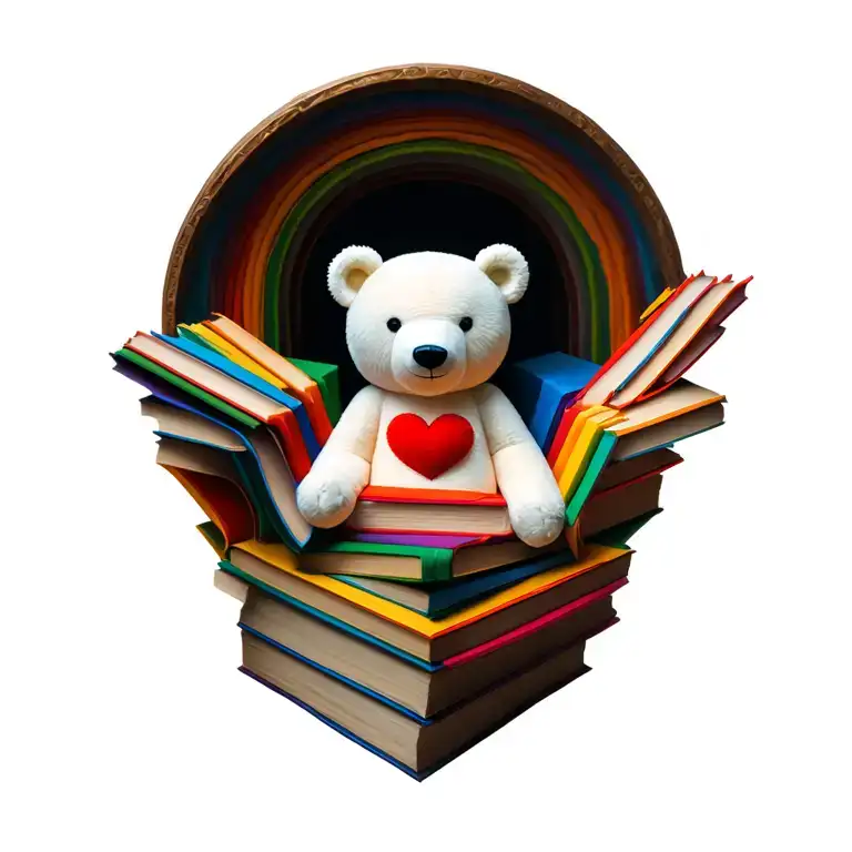 Stuffed Animal Polar Bear Sitting In A Pule Of Books In Rainbow Colors Red Heart Sewn Onto His Chest