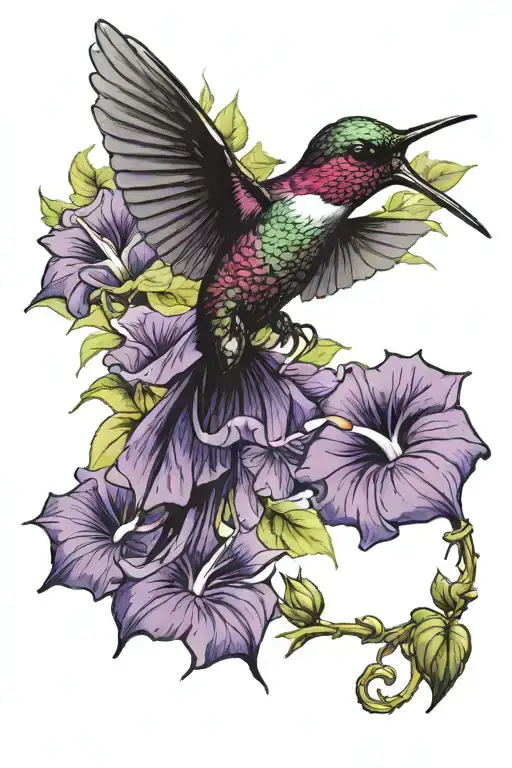 Hummingbird Flying Over A Field Of Purple Morning Glory Flowers
