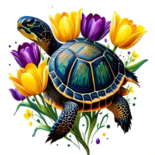Turtle Sea Tattoo With Yellow And Purple Tulips