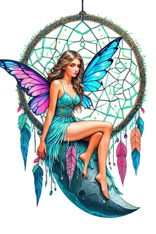 Fairy Sitting On A Moon With Geometric Dream Catcher In Background