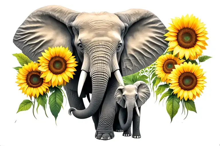 Elephant Mom And Baby With Sunflowers Emerging
