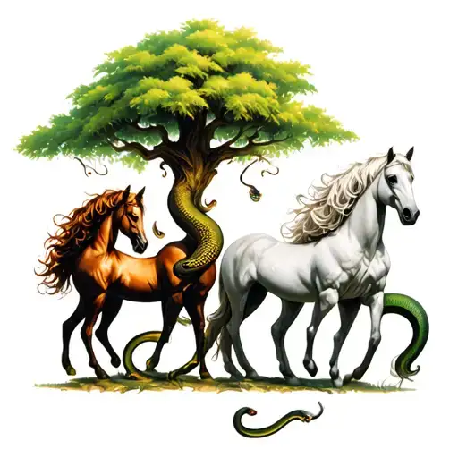 Tiny Horses With Slithering Snake And Scary Tree