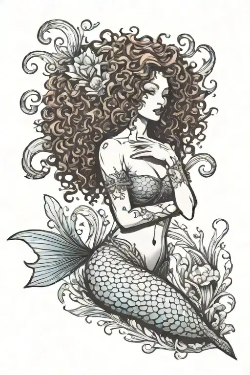 Curly Mermaid With A Big Tail And A Vase In The Background