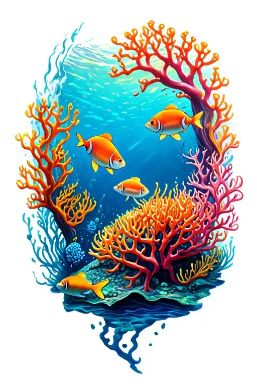 Colorful Underwater Ocean Scene With Vibrant Coral And Fish