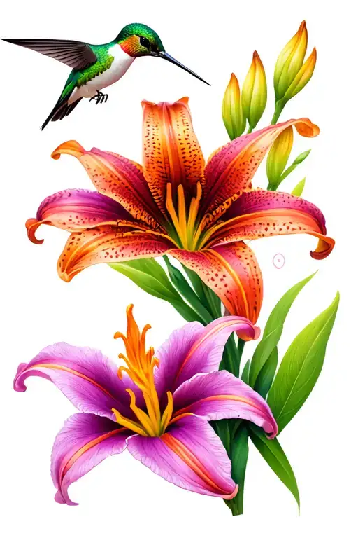 Tiger Lilies Lady Slipper Flower Some With Wild Flower A Hummingbird