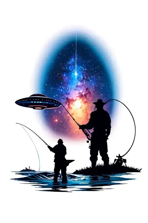 Silhouette Of A Person Fishing With A Scene Of A Galaxy And Ufo In The Silhouette
