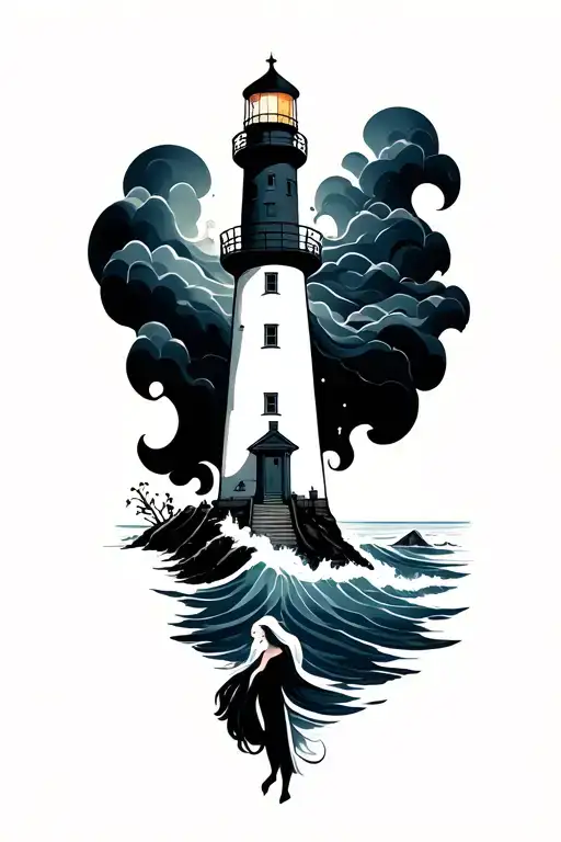 Lighthouse Ocean Silhouette Of Woman In Black Grey