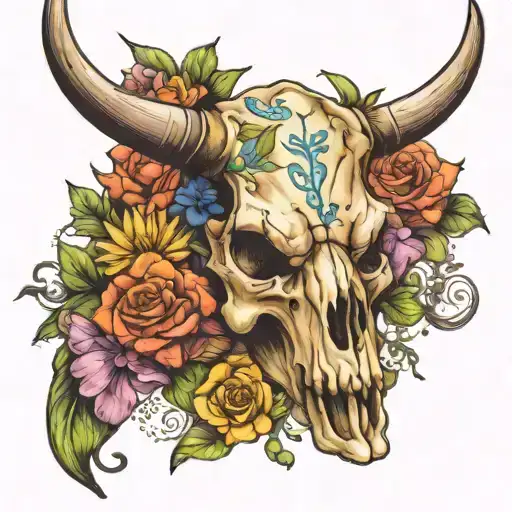 Bull Skull And Flowers Wrapped