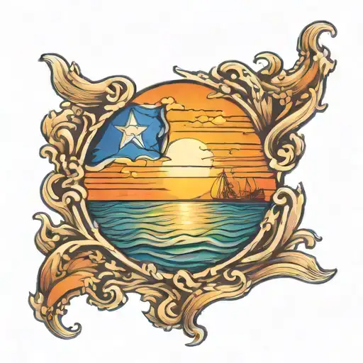 Sunset Sea Inside An Israeli Flag