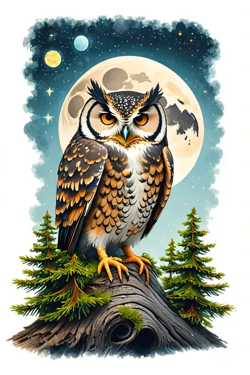 Shap Of An Owl And Starts Moon And Pine Trees Inside