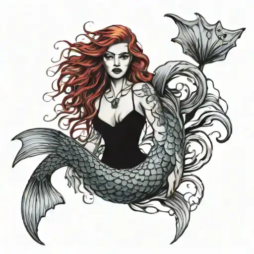 Goth Mermaid Stormy Seas Two Fish Swimming Around Mermaid Long Red Hair Debian Mysterious