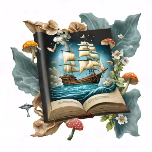 Ship On Stormy Sea Coming Out Of Book Surrounded By Mushrooms And Flowers