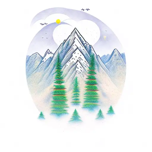 Mountain With Trees And Huts And Stars