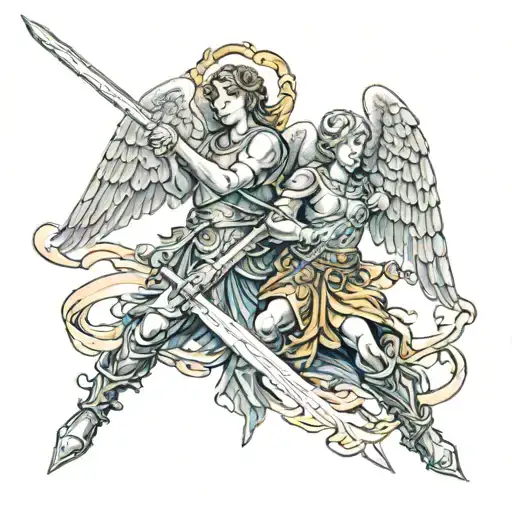 Two Virtue Angels Holding Sword And Spear