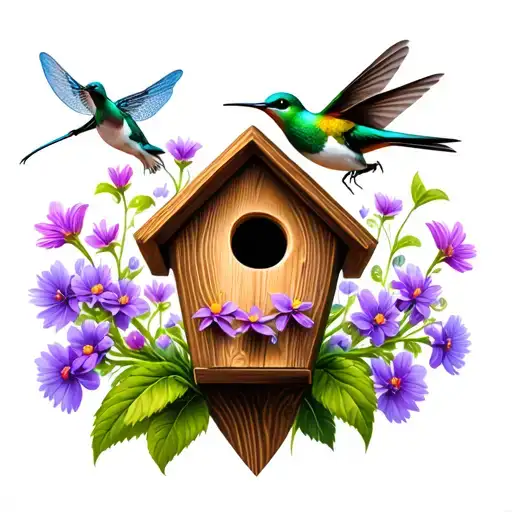 A Small Handcrafted Birdhouse With A Humming Bird Flying And A Dragonfly Landing On Purple Flowers