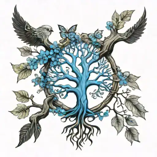 Black And White Tattoo Design Inspired By Tree Of Life With Blue Ribbon Intertwined