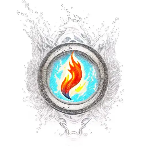 A Minimalist Tattoo Of A Fire Element Surrounded By Flowing River Water