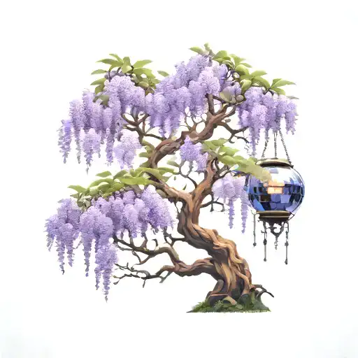 Wisteria Bonzai Tree With Disco Ball Hanging From Branch