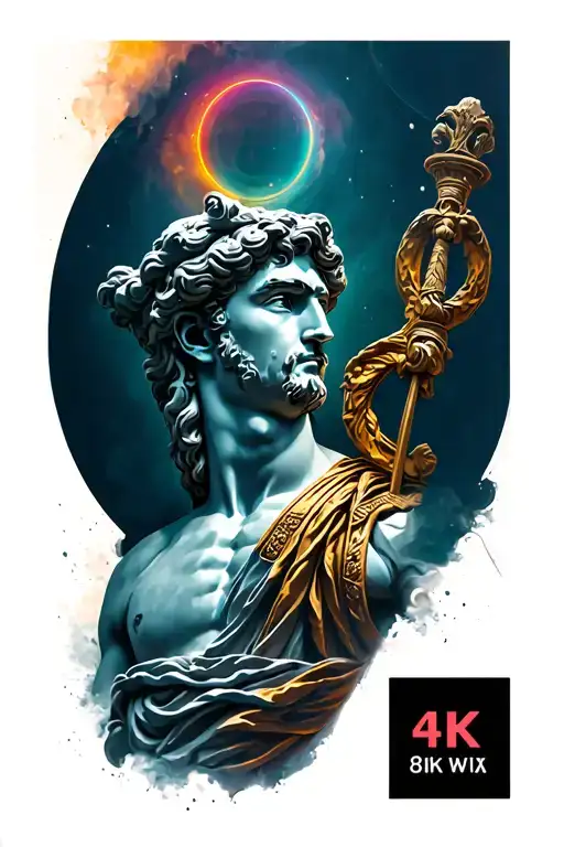 Ancient Greek Style Semi-realism Neon Colour Background Tattoo Sleeve With A Greek God