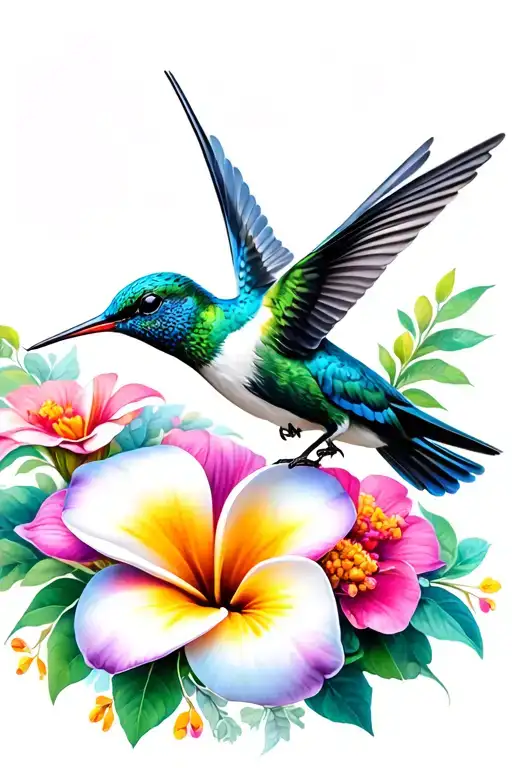 Two Blue Hummingbird With Plumeria And Zinnia Flowers
