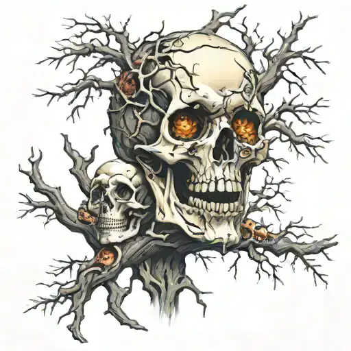 Deadly Eye Beside A Dead Tree Branches Full Of Skulls