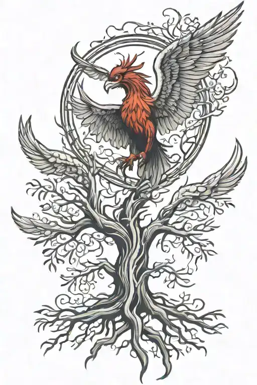 Phoenix Rising From Tree Of Life Intertwined